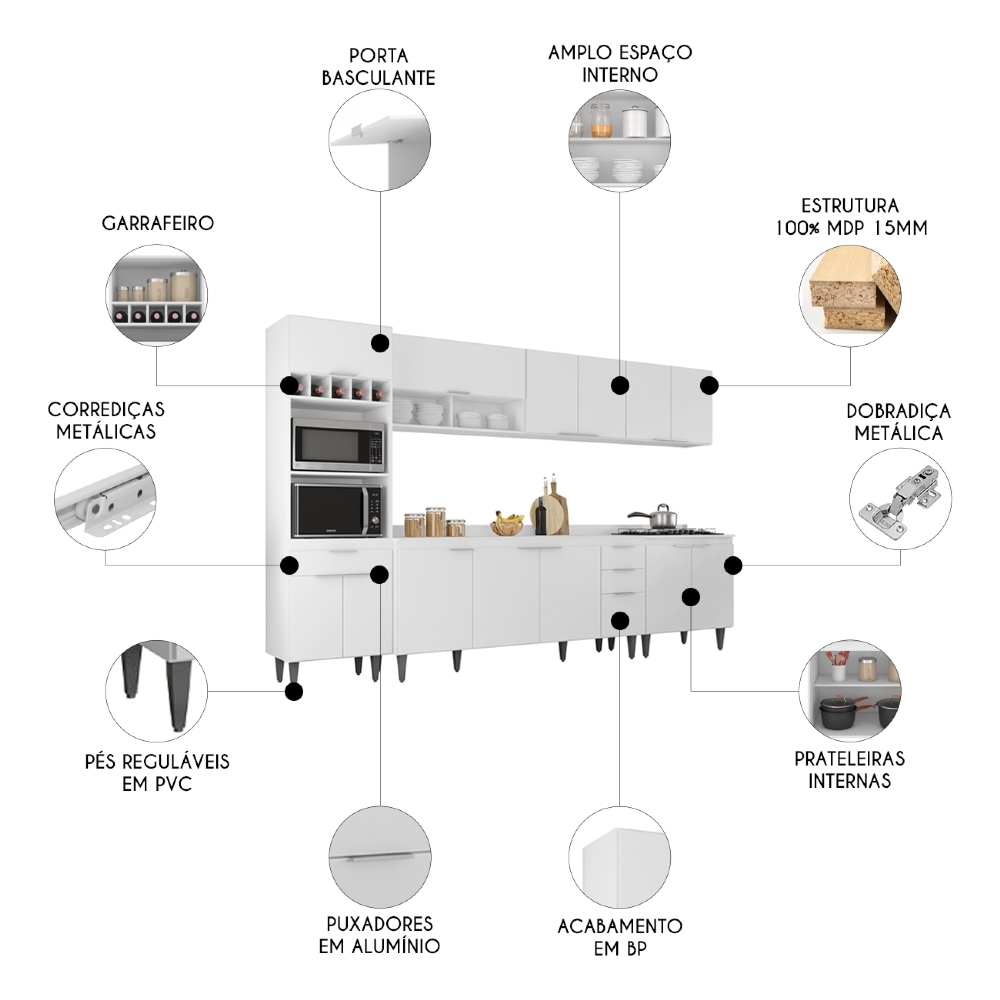 Armário de Cozinha Com Tampo CP05 320cm Pérola Branco Z34     - Mpozenato