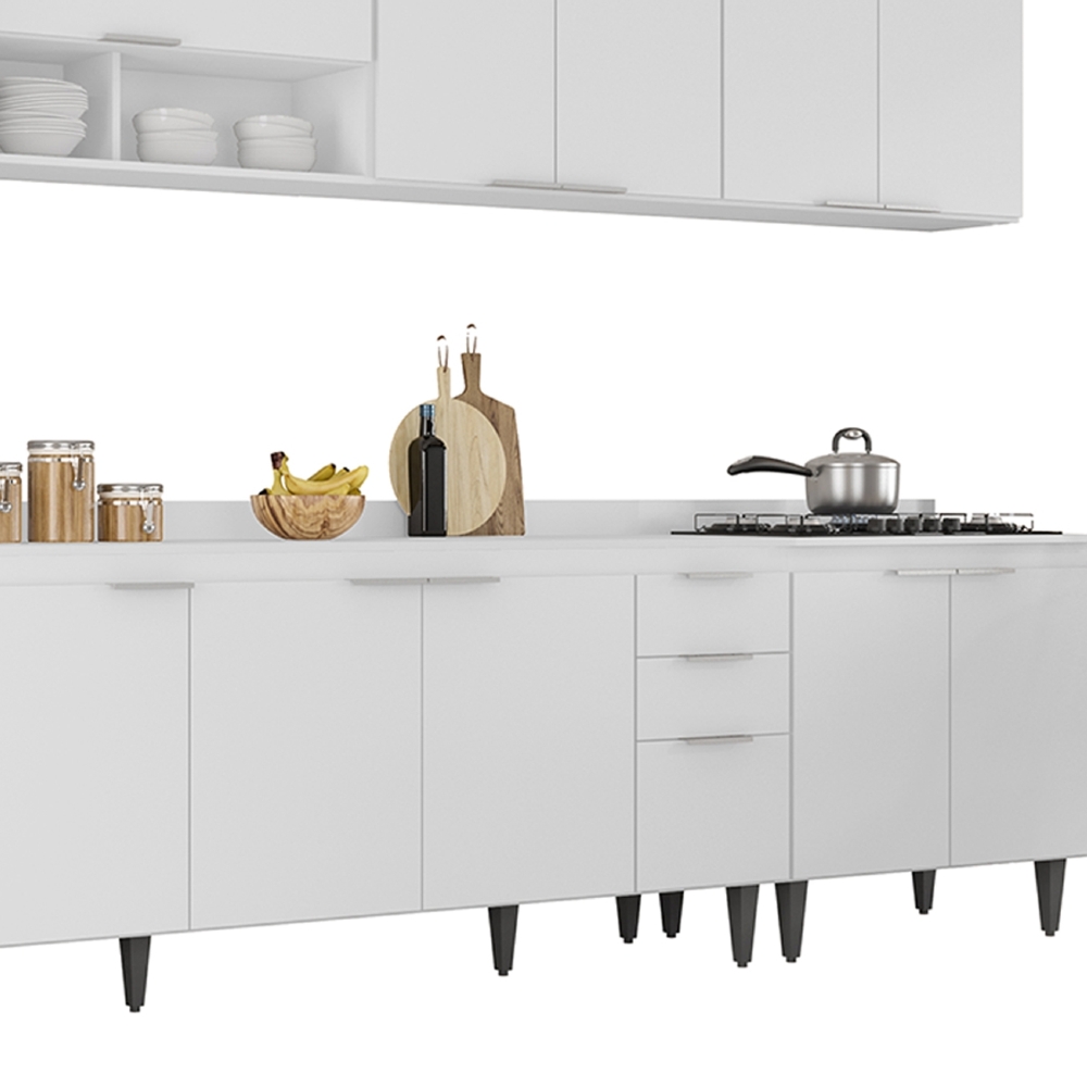Armário de Cozinha Com Tampo CP05 320cm Pérola Branco Z34     - Mpozenato