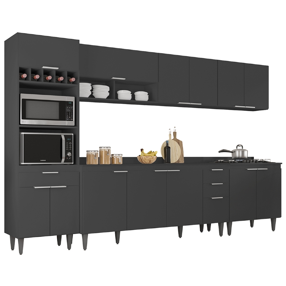 Armário de Cozinha Com Tampo CP05 320cm Pérola Preto Z34      - Mpozenato