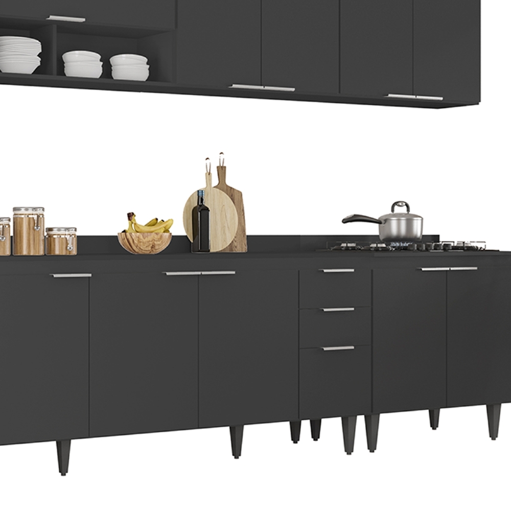 Armário de Cozinha Com Tampo CP05 320cm Pérola Preto Z34      - Mpozenato
