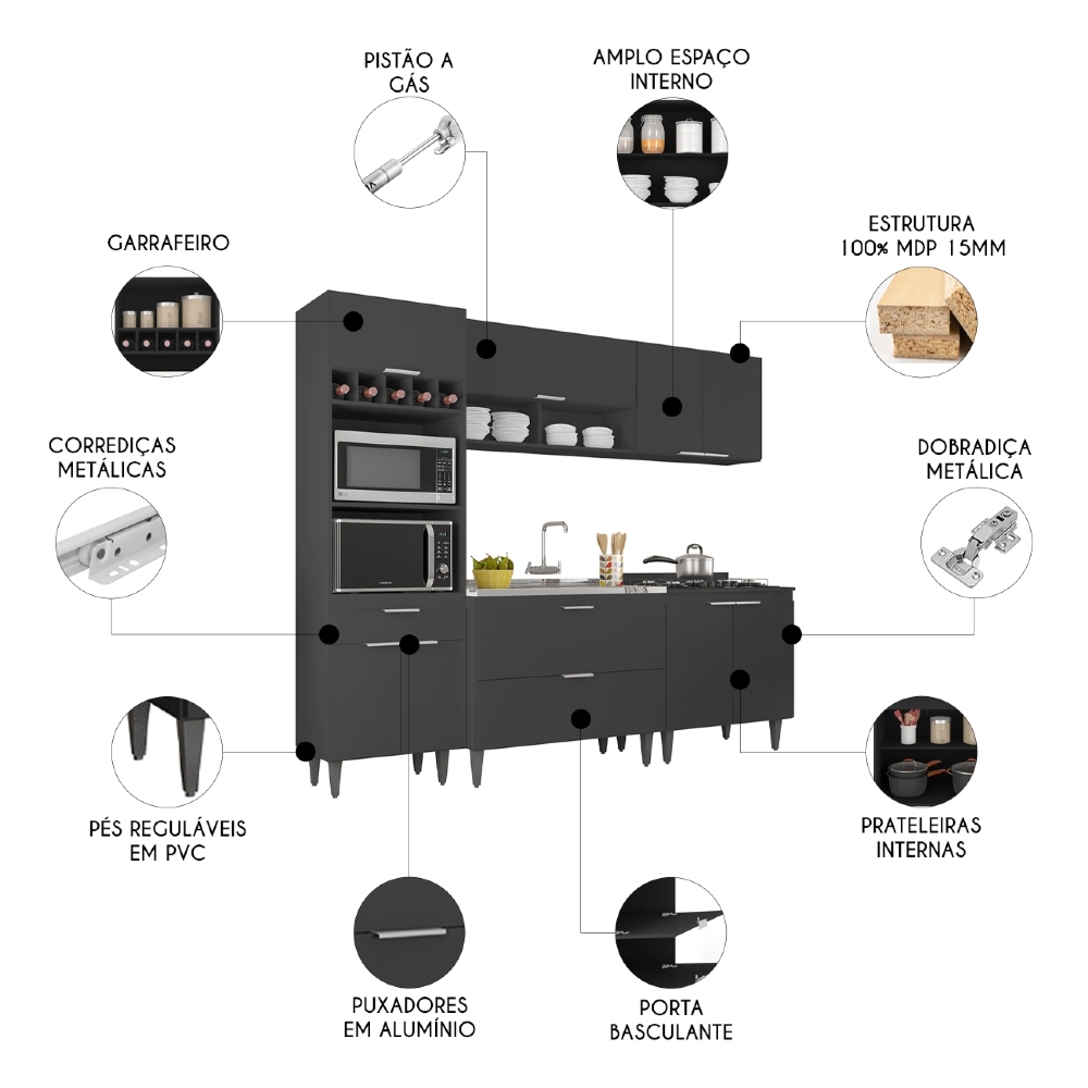 Armário de Cozinha CP05 Com Pia 100cm Pérola Z34 Preto      - Mpozenato
