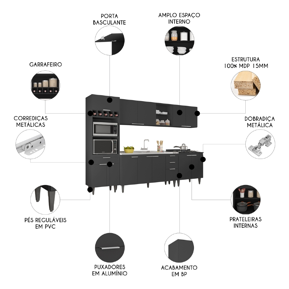 Armário de Cozinha CP05 Com Pia 150cm Pérola Z34 Preto      - Mpozenato