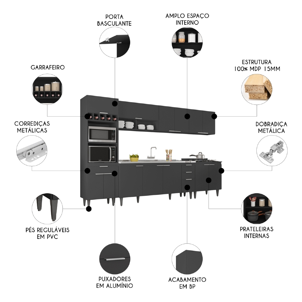 Armário de Cozinha CP05 Com Pia 180cm Pérola Z34 Preto      - Mpozenato