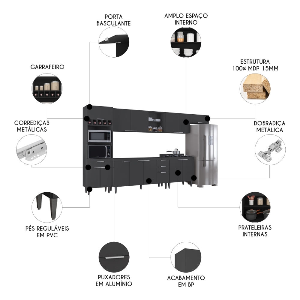 Armário de Cozinha CP06 Para Pia 150cm Pérola Z34 Preto     - Mpozenato