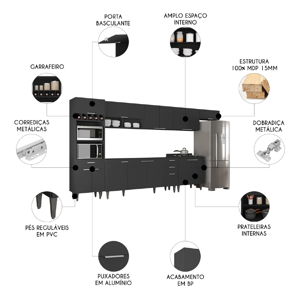Armário de Cozinha CP06 Para Pia 180cm Pérola Z34 Preto     - Mpozenato