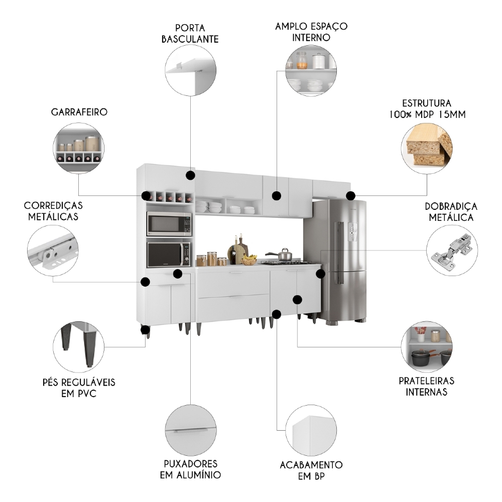 Armário de Cozinha Com Tampo CP06 310cm Pérola Branco Z34     - Mpozenato