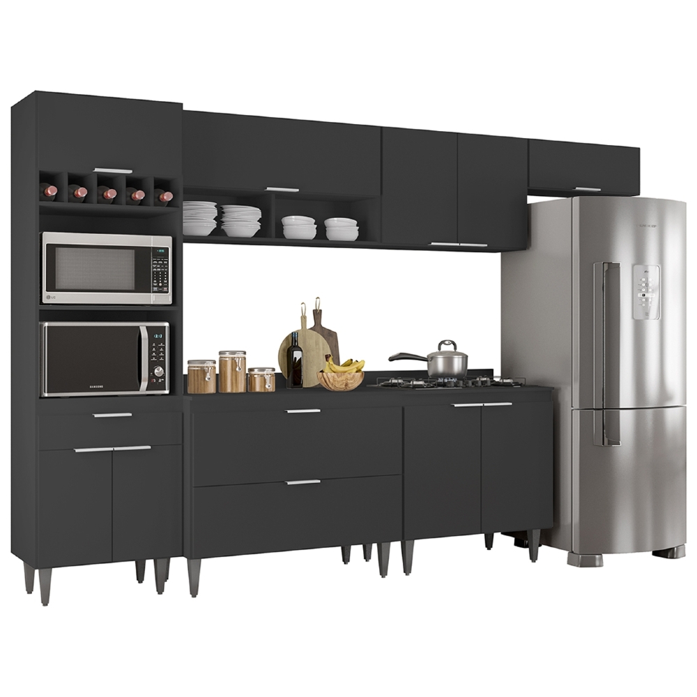 Armário de Cozinha Com Tampo CP06 310cm Pérola Preto Z34      - Mpozenato