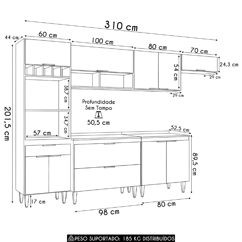 Armário de Cozinha Com Tampo CP06 310cm Pérola Preto Z34      - Mpozenato
