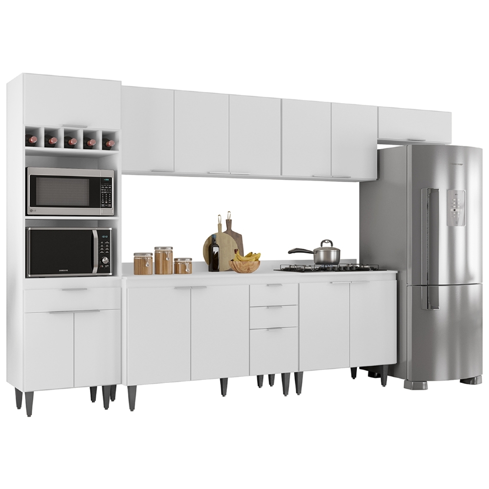 Armário de Cozinha Com Tampo CP06 330cm Pérola Branco Z34     - Mpozenato