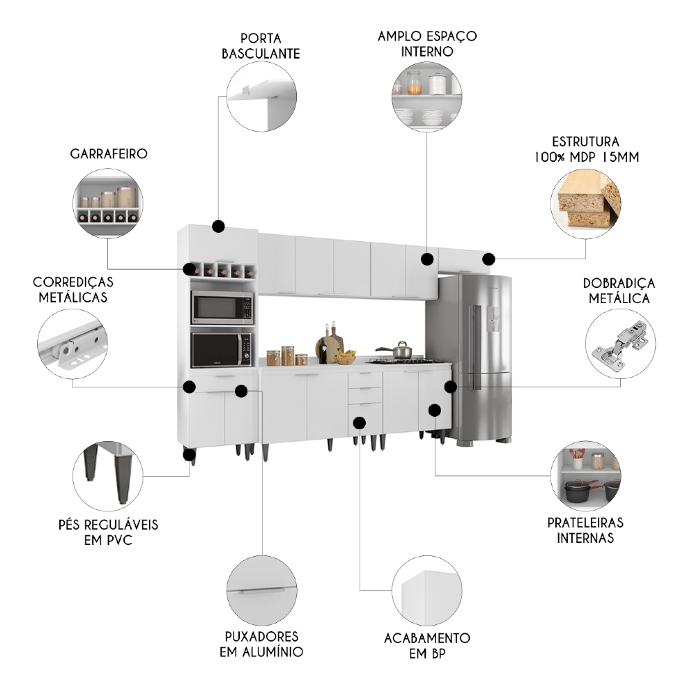 Armário de Cozinha Com Tampo CP06 330cm Pérola Branco Z34     - Mpozenato