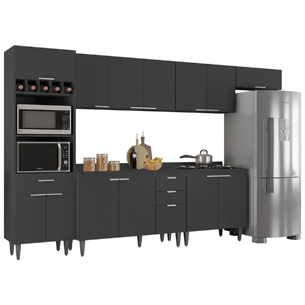 Armário de Cozinha Com Tampo CP06 330cm Pérola Preto Z34      - Mpozenato