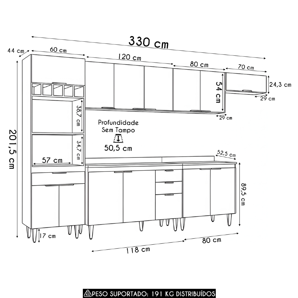 Armário de Cozinha Com Tampo CP06 330cm Pérola Preto Z34      - Mpozenato