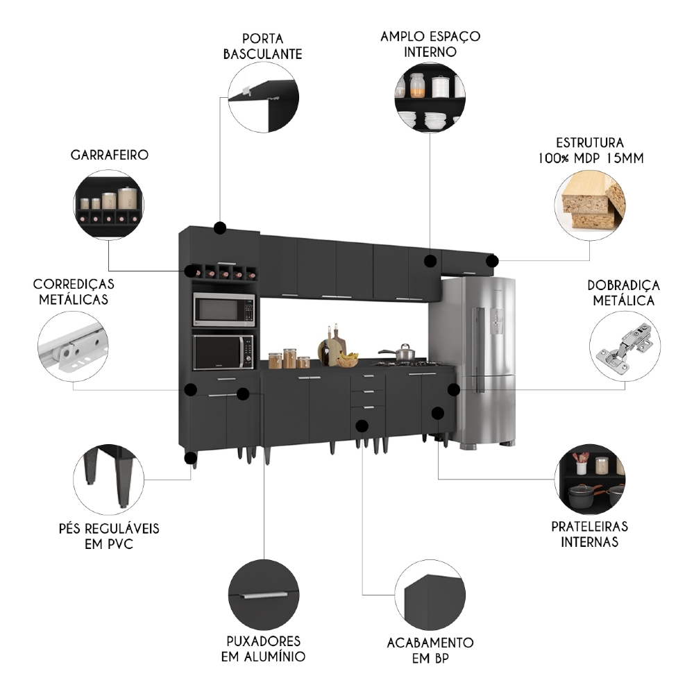 Armário de Cozinha Com Tampo CP06 330cm Pérola Preto Z34      - Mpozenato