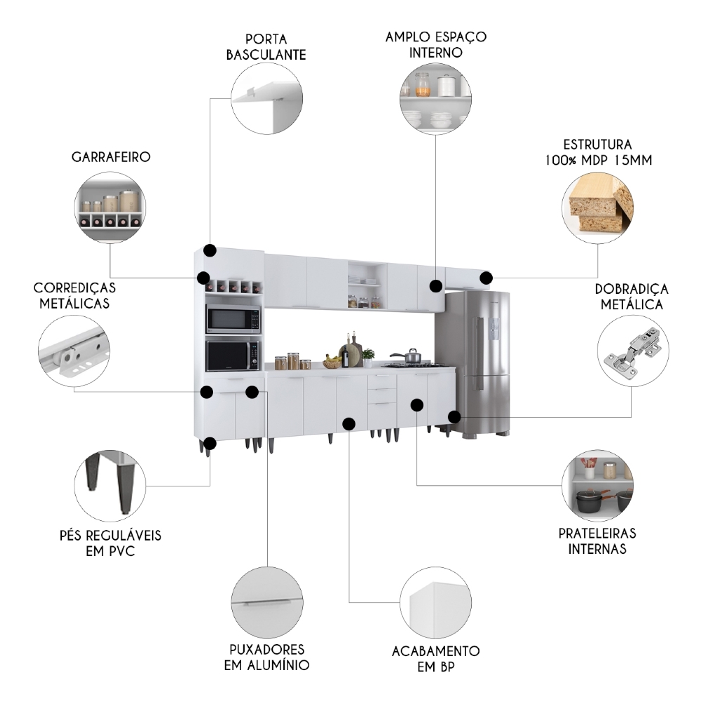 Armário de Cozinha Com Tampo CP06 360cm Pérola Branco Z34     - Mpozenato