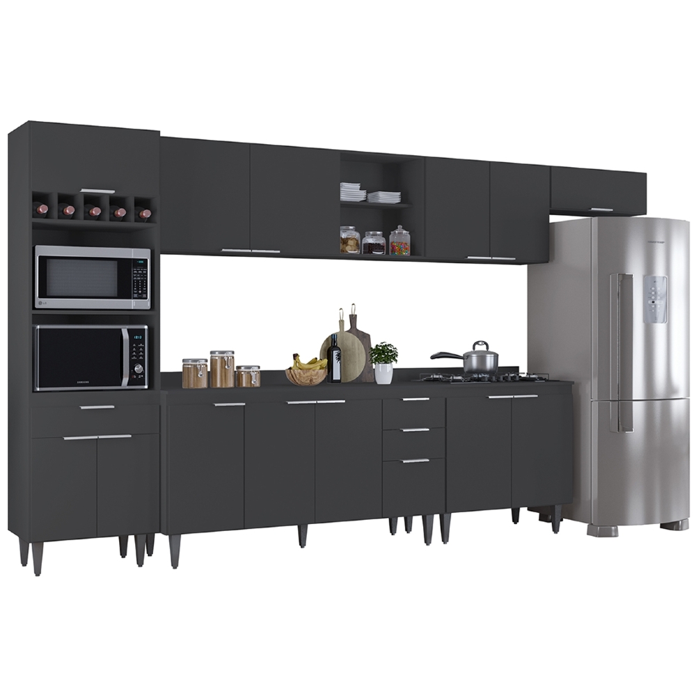 Armário de Cozinha Com Tampo CP06 360cm Pérola Preto Z34      - Mpozenato
