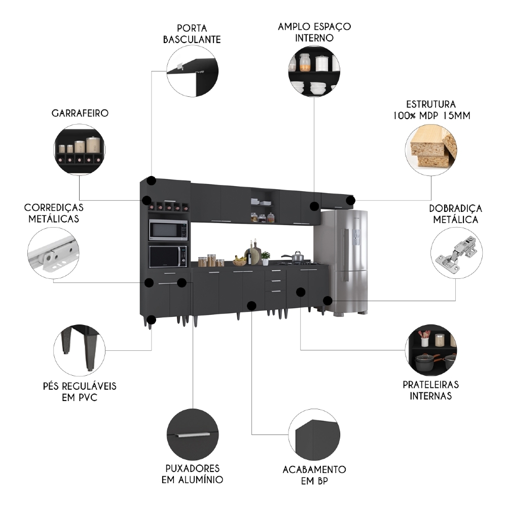 Armário de Cozinha Com Tampo CP06 360cm Pérola Preto Z34      - Mpozenato