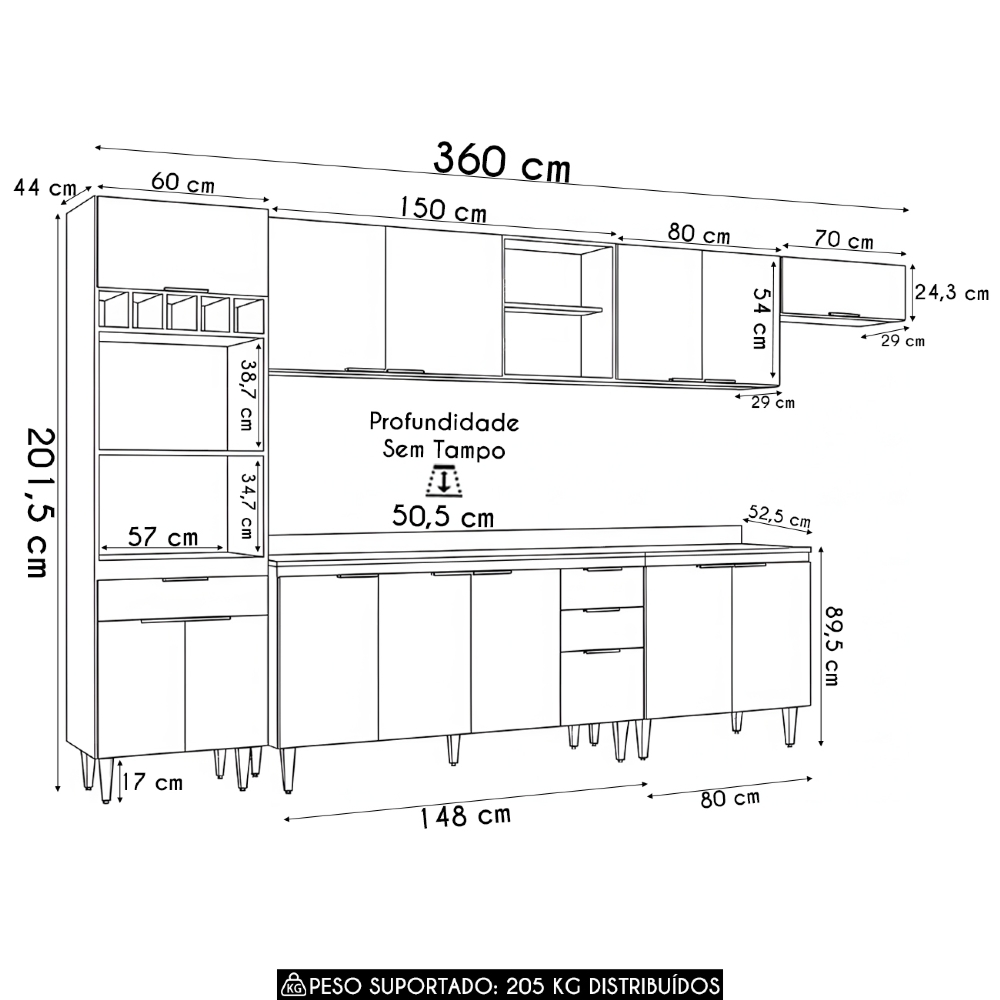 Armário de Cozinha Com Tampo CP06 360cm Pérola Preto Z34      - Mpozenato