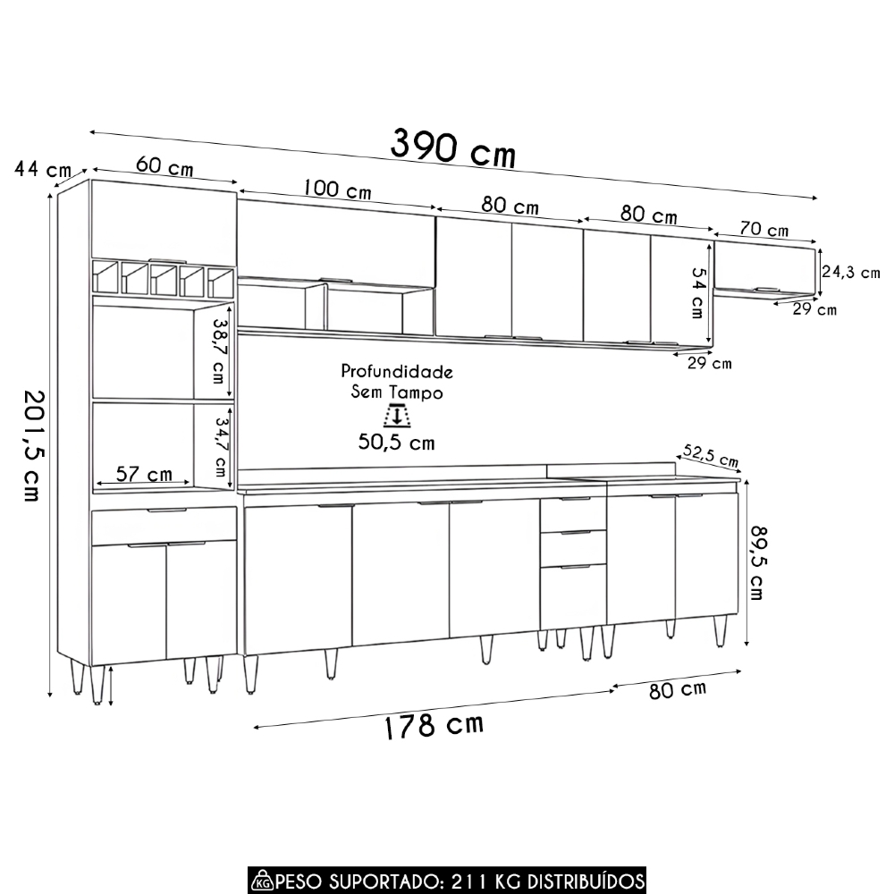 Armário de Cozinha Com Tampo CP06 390cm Pérola Branco Z34     - Mpozenato
