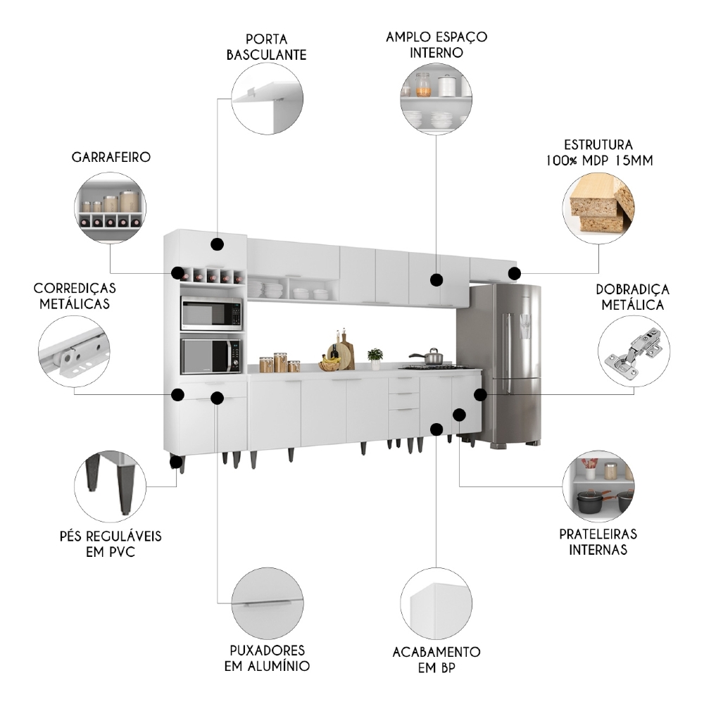 Armário de Cozinha Com Tampo CP06 390cm Pérola Branco Z34     - Mpozenato