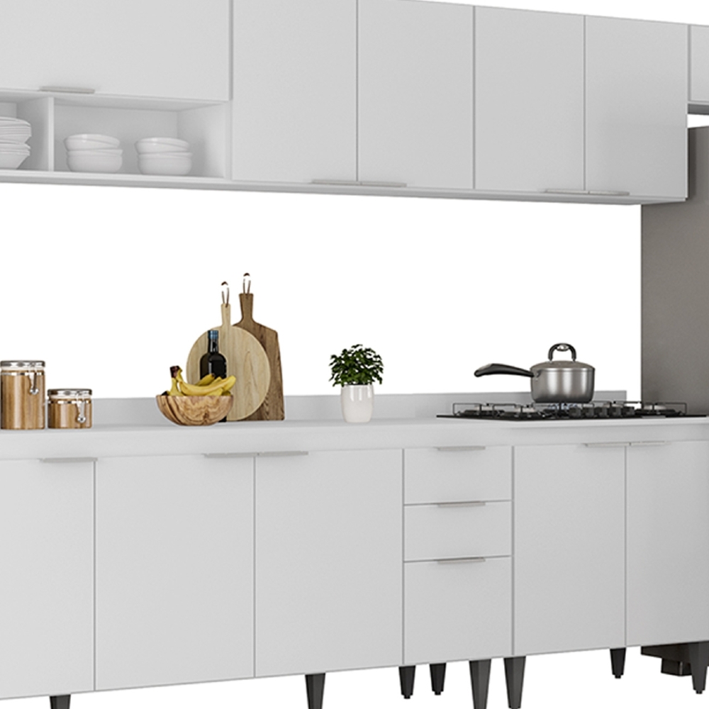 Armário de Cozinha Com Tampo CP06 390cm Pérola Branco Z34     - Mpozenato