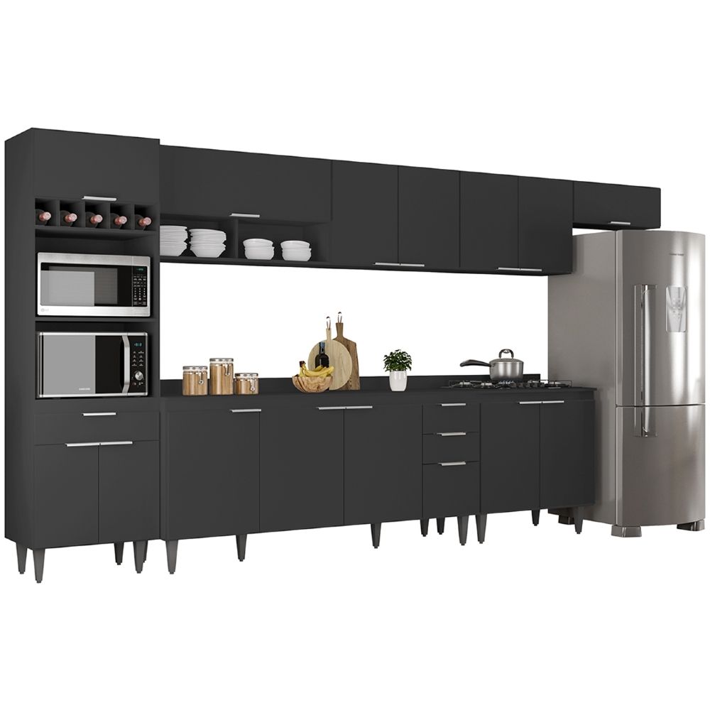 Armário de Cozinha Com Tampo CP06 390cm Pérola Preto Z34      - Mpozenato
