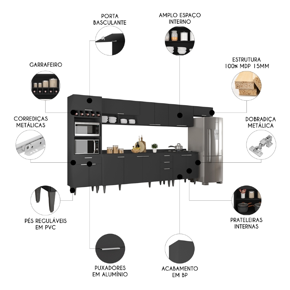 Armário de Cozinha Com Tampo CP06 390cm Pérola Preto Z34      - Mpozenato