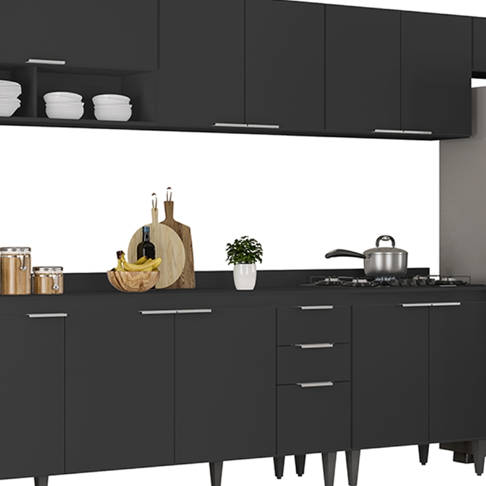 Armário de Cozinha Com Tampo CP06 390cm Pérola Preto Z34      - Mpozenato