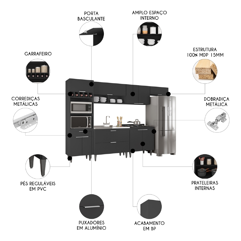 Armário de Cozinha CP06 Com Pia 100cm Pérola Z34 Preto      - Mpozenato