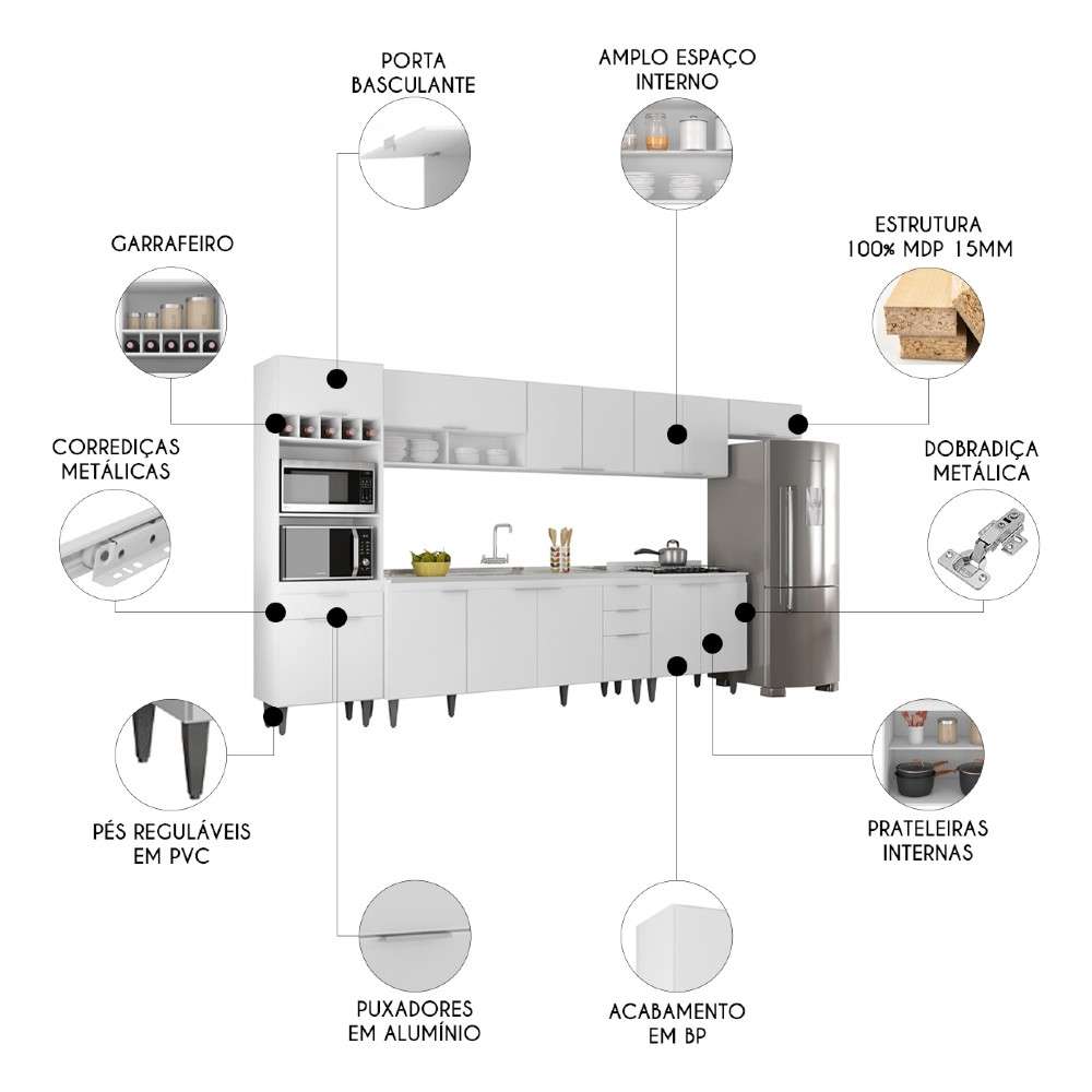Armário de Cozinha CP06 Com Pia 180cm Pérola Z34 Branco     - Mpozenato