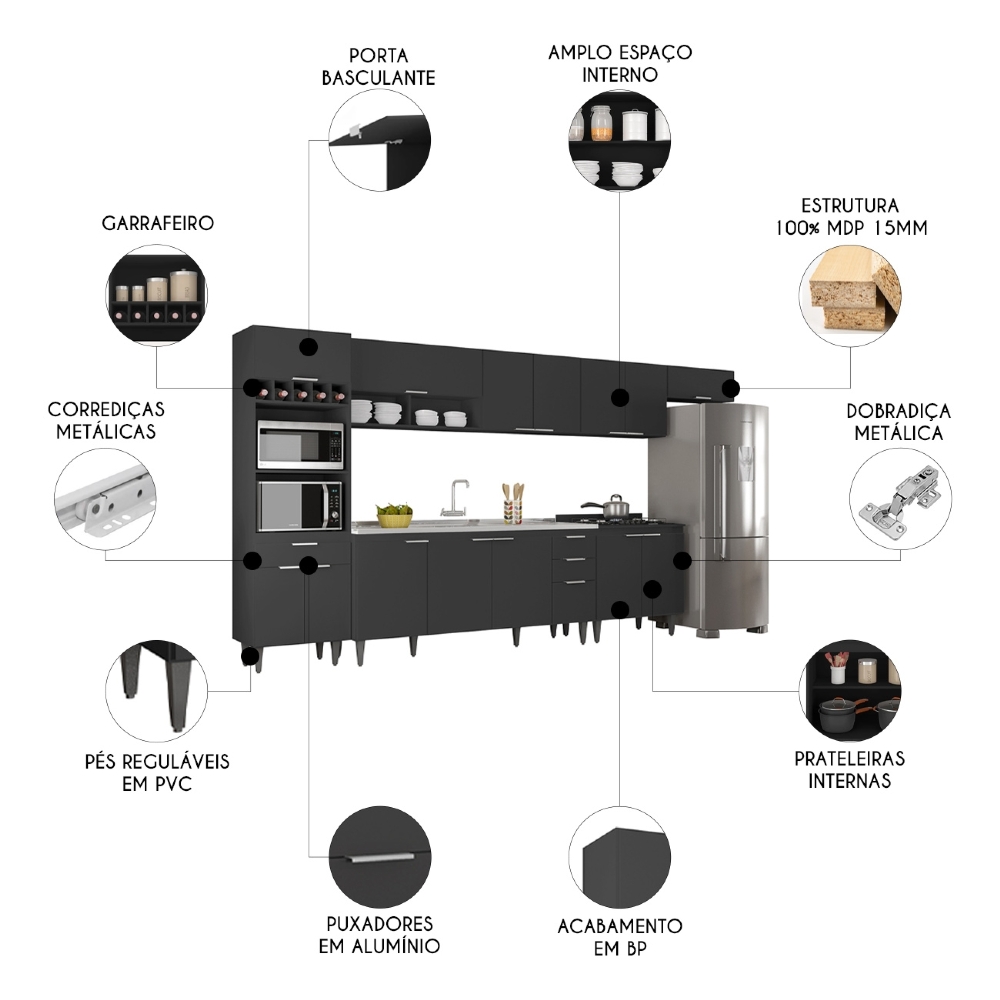 Armário de Cozinha CP06 Com Pia 180cm Pérola Z34 Preto      - Mpozenato