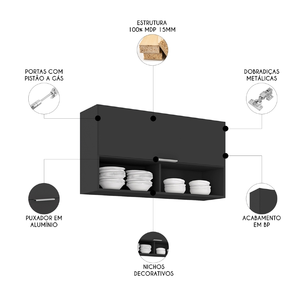 Armário de Cozinha Aéreo 100cm Pérola Z34 Preto             - Mpozenato