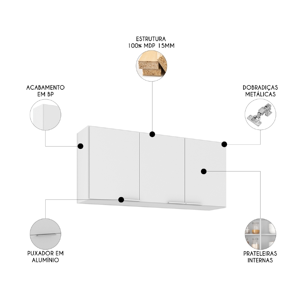 Armário de Cozinha Aéreo 120cm Pérola Z34 Branco            - Mpozenato