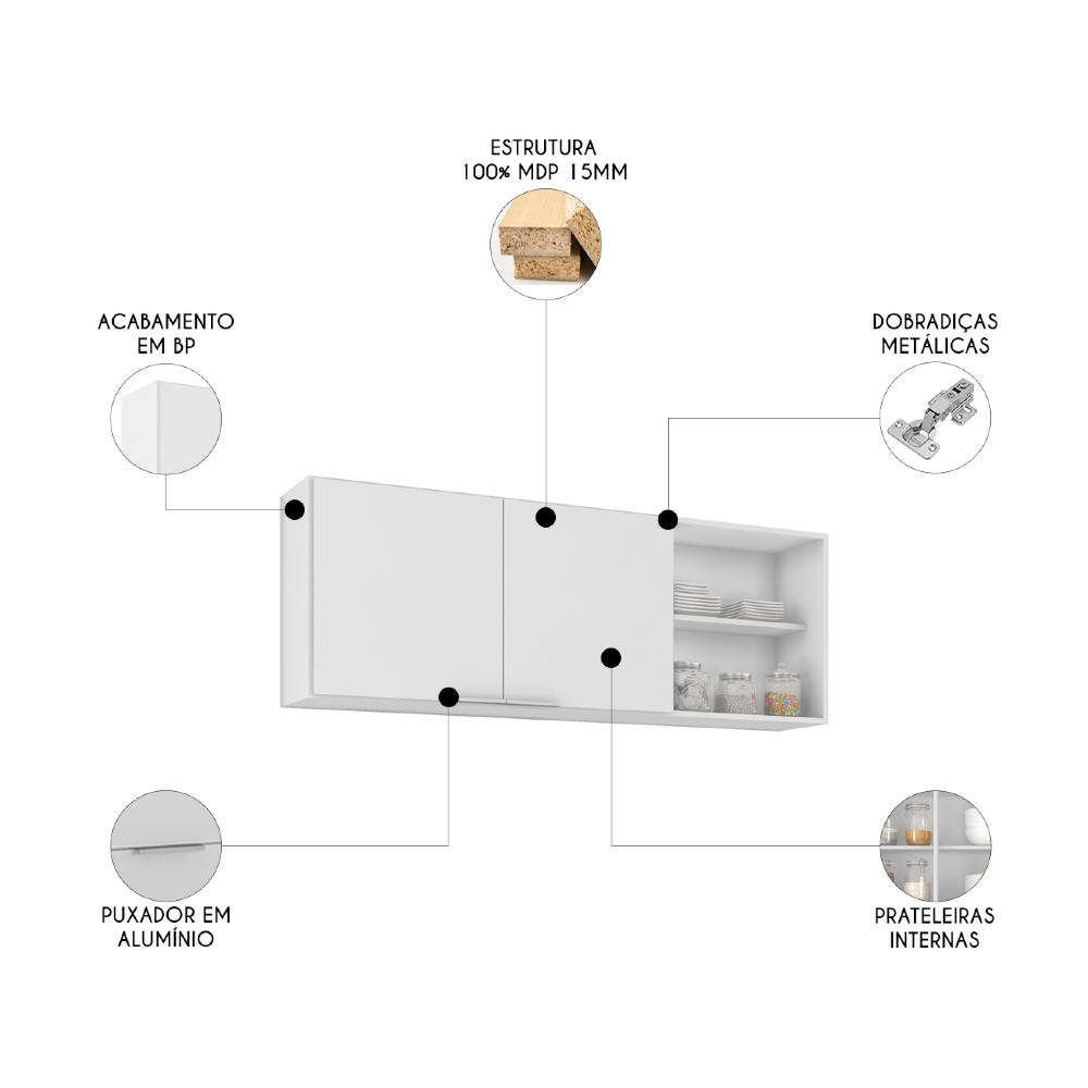Armário de Cozinha Aéreo 150cm Pérola Z34 Branco            - Mpozenato