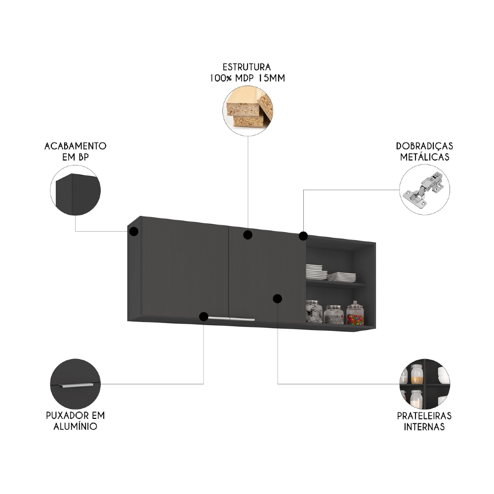 Armário de Cozinha Aéreo 150cm Pérola Z34 Preto             - Mpozenato