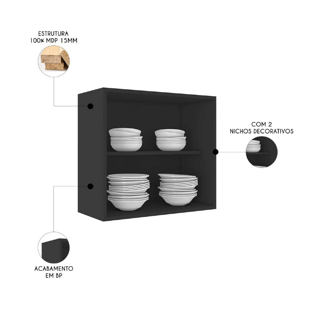 Armário de Cozinha Aéreo Nicho 60cm Pérola Z34 Preto        - Mpozenato