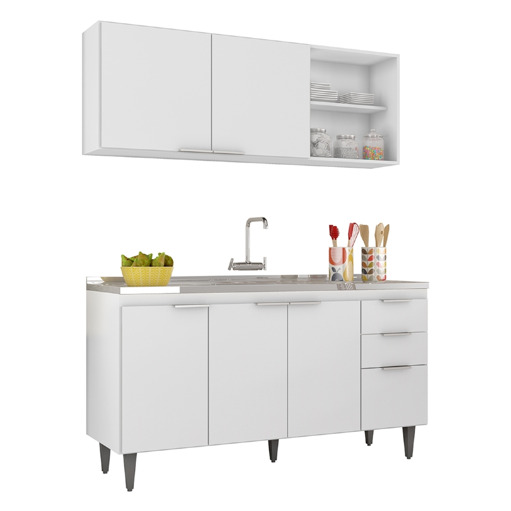 Armário de Cozinha CP01 Com Pia 150cm Pérola Z34 Branco     - Mpozenato