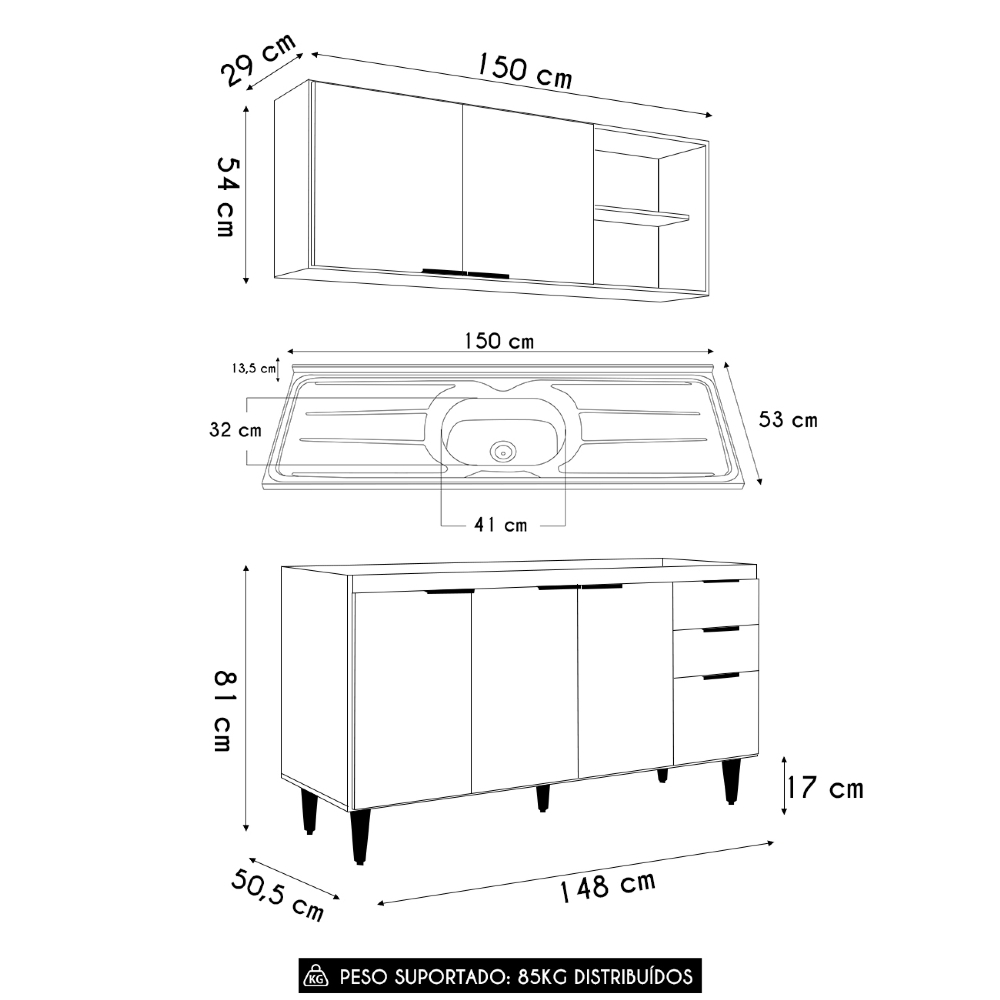 Armário de Cozinha CP01 Com Pia 150cm Pérola Z34 Branco     - Mpozenato