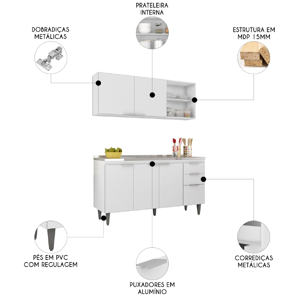 Armário de Cozinha CP01 Com Pia 150cm Pérola Z34 Branco     - Mpozenato