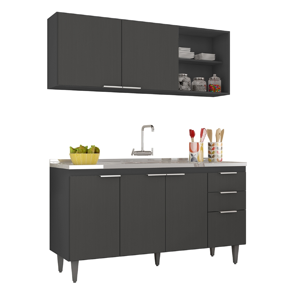 Armário de Cozinha CP01 Com Pia 150cm Pérola Z34 Preto      - Mpozenato