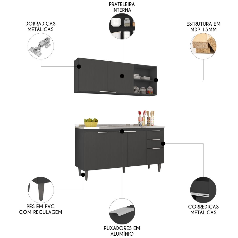 Armário de Cozinha CP01 Com Pia 150cm Pérola Z34 Preto      - Mpozenato