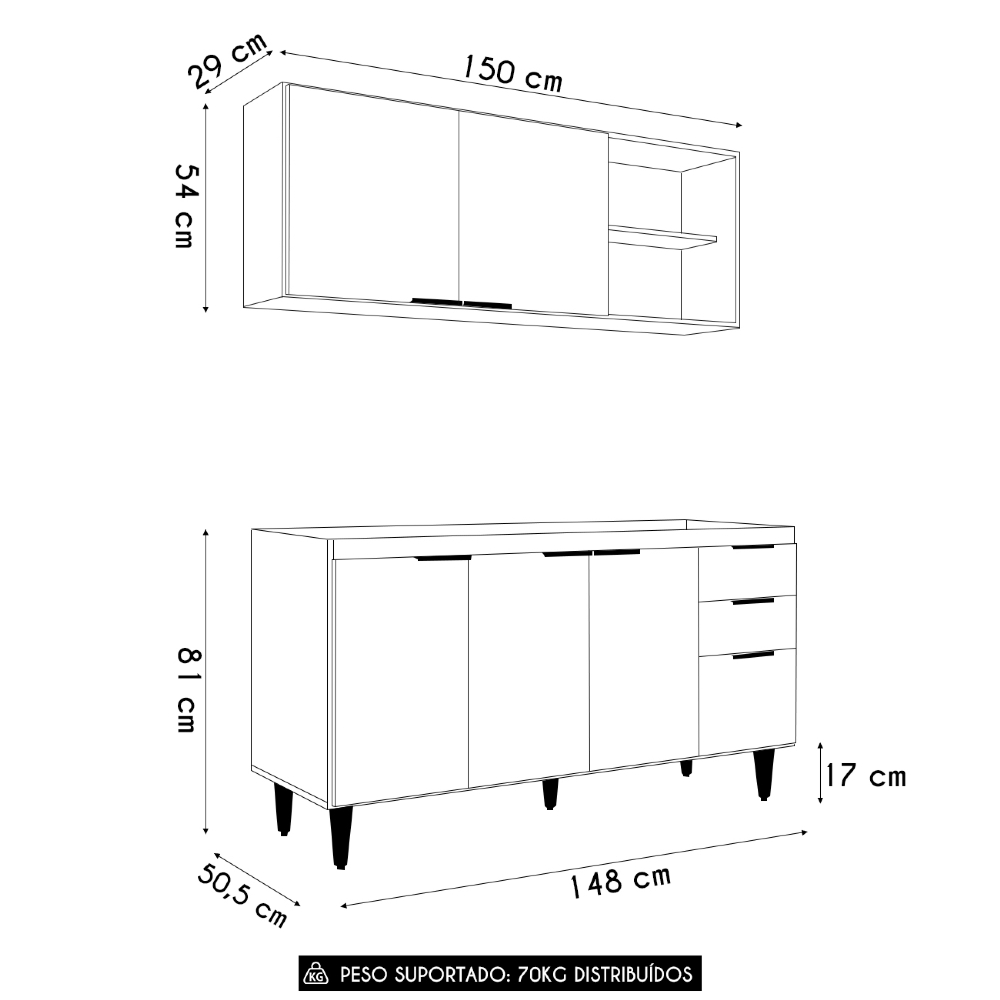Armário de Cozinha CP01 Para Pia 150cm Pérola Z34 Preto     - Mpozenato