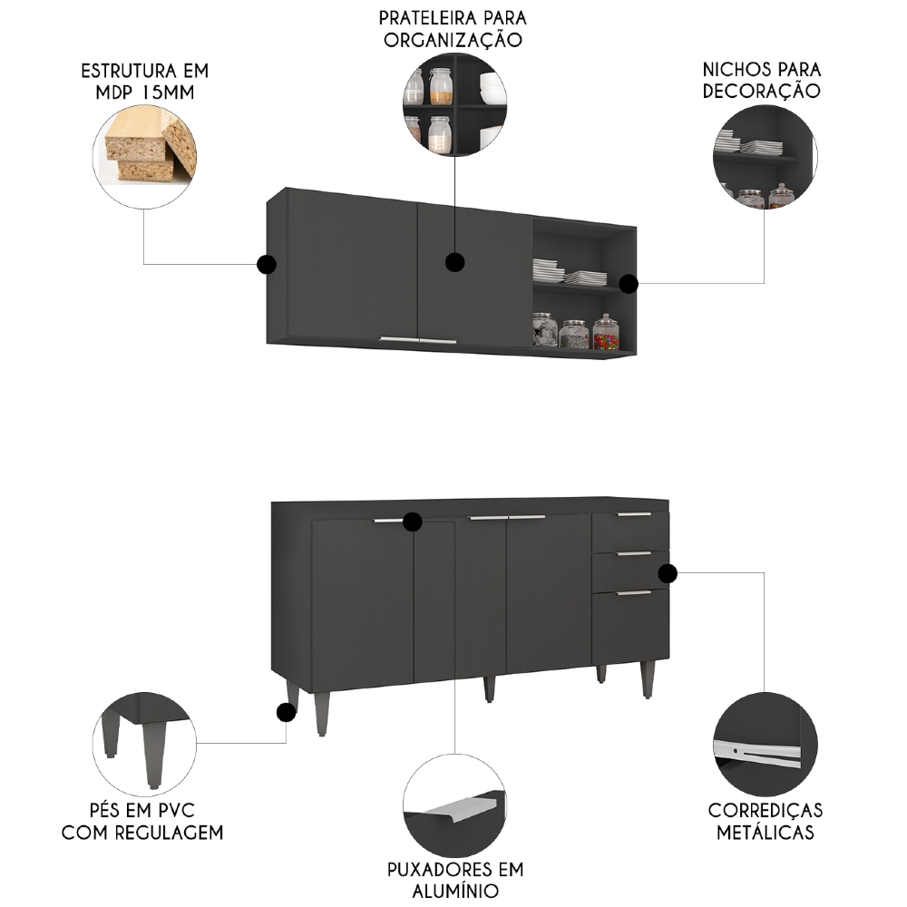 Armário de Cozinha CP01 Para Pia 150cm Pérola Z34 Preto     - Mpozenato