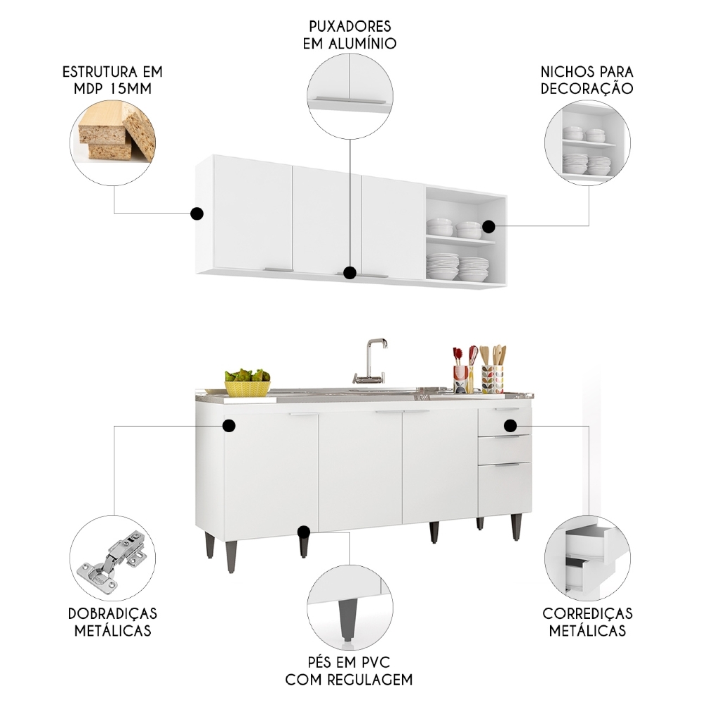 Armário de Cozinha CP10 Com Pia 180cm Pérola Z34 Branco     - Mpozenato