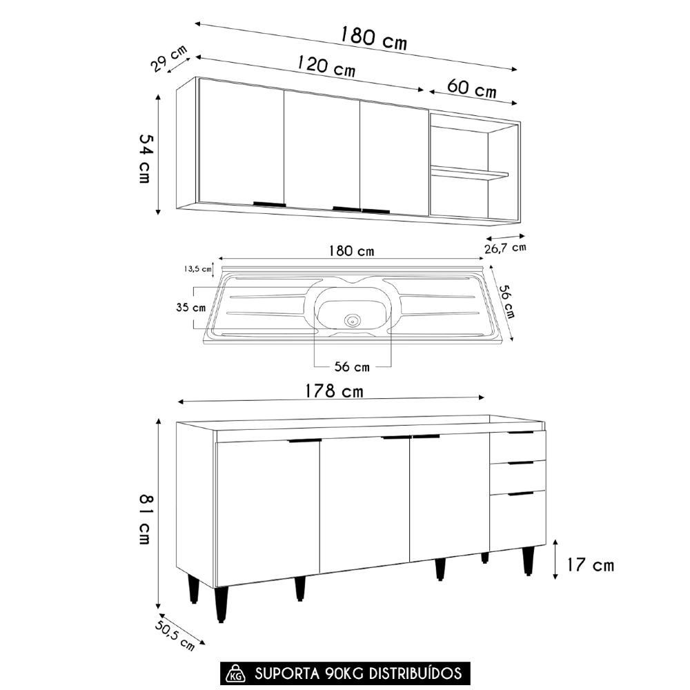 Armário de Cozinha CP10 Com Pia 180cm Pérola Z34 Branco     - Mpozenato