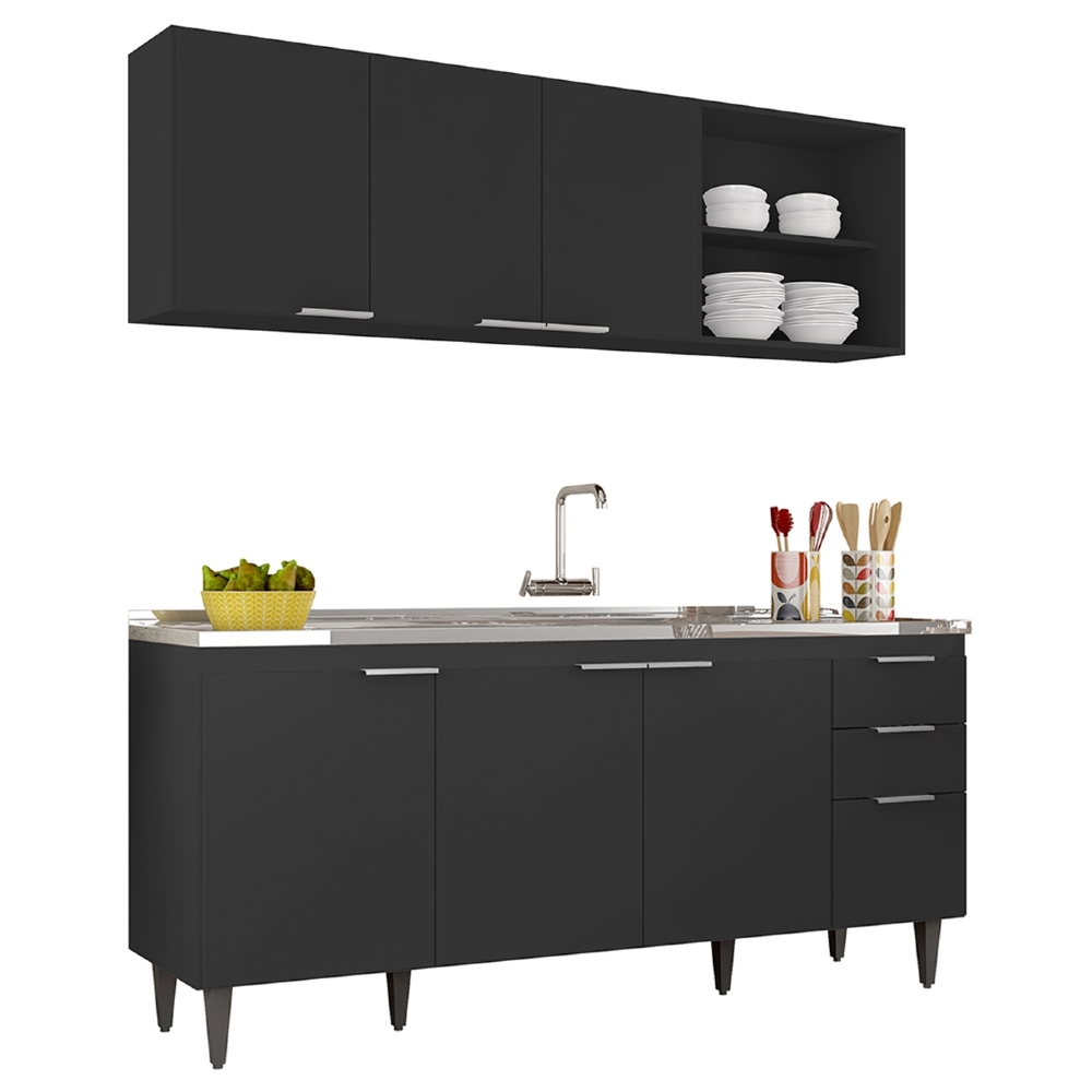 Armário de Cozinha CP10 Com Pia 180cm Pérola Z34 Preto      - Mpozenato