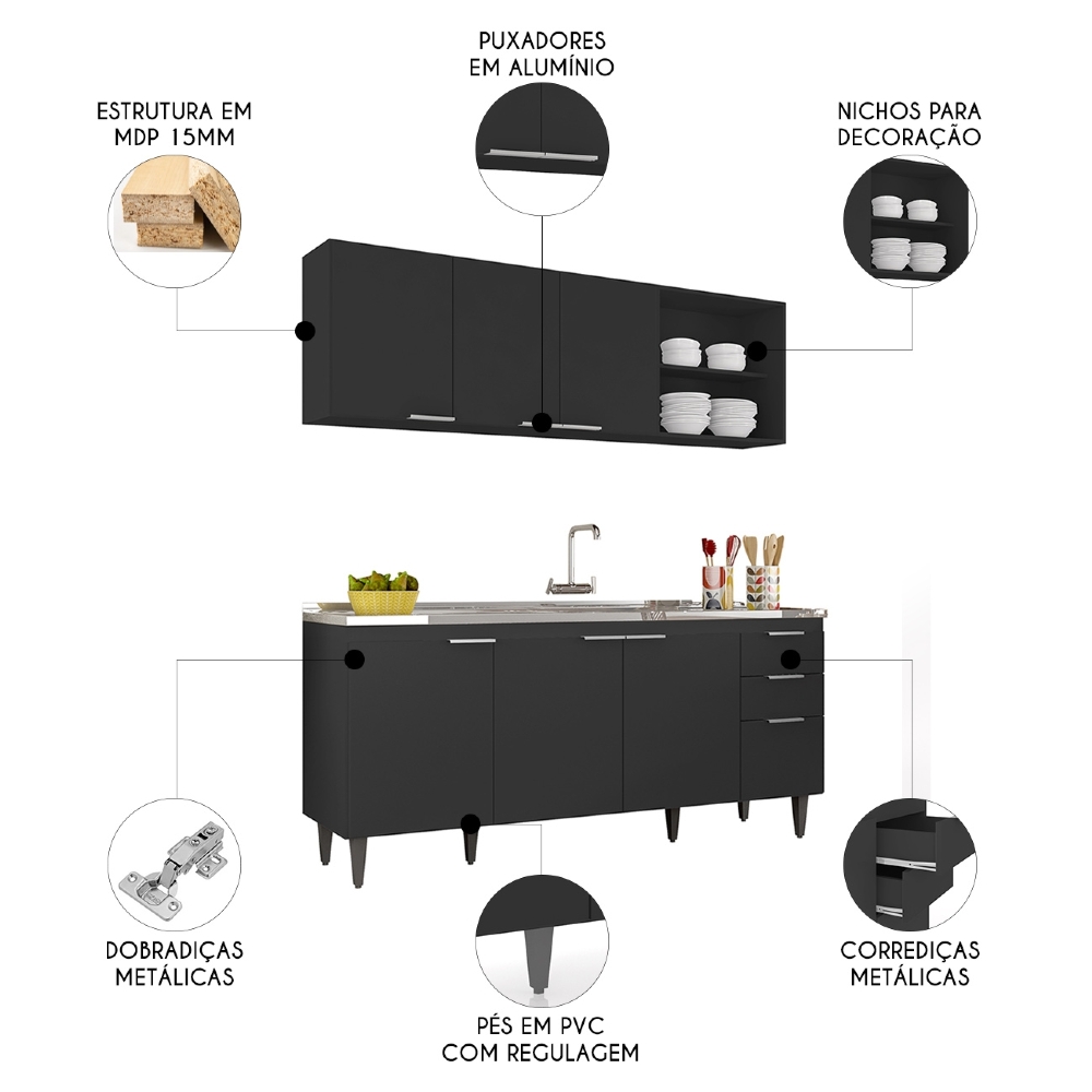 Armário de Cozinha CP10 Com Pia 180cm Pérola Z34 Preto      - Mpozenato