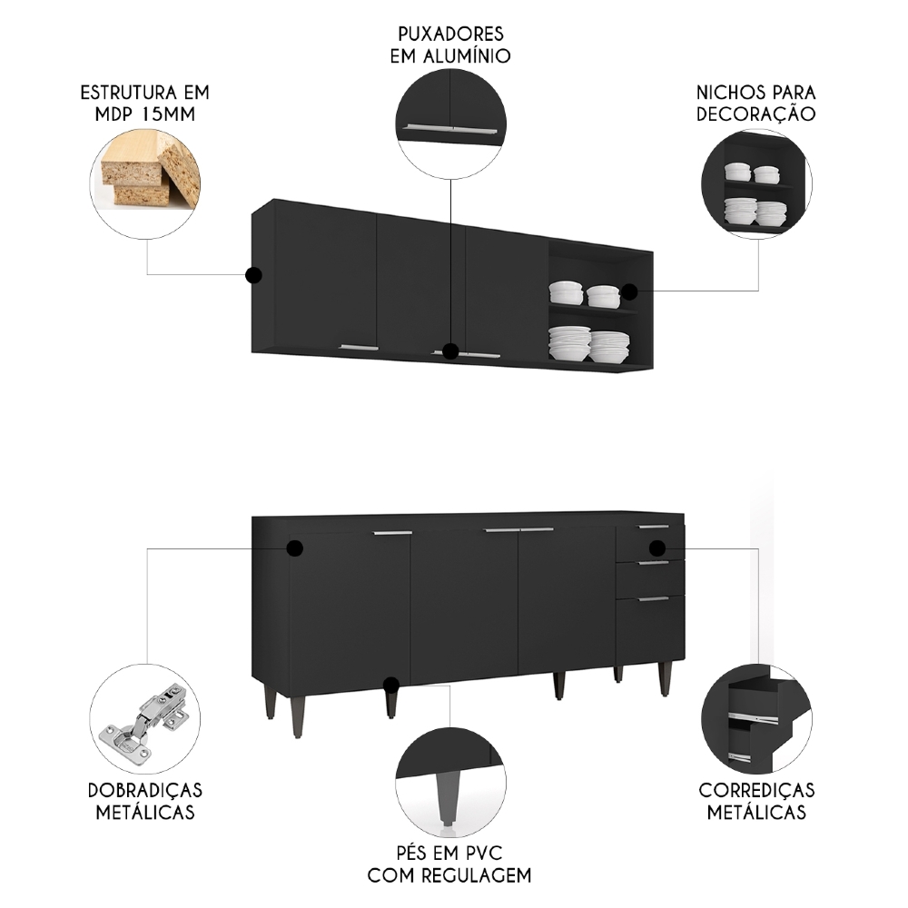 Armário de Cozinha CP10 Para Pia 180cm Pérola Z34 Preto     - Mpozenato