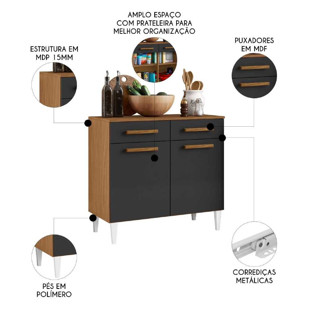 Balcão de Cozinha Com Tampo 91cm Hanna Atacama/Grafite A15   - Mpozenato
