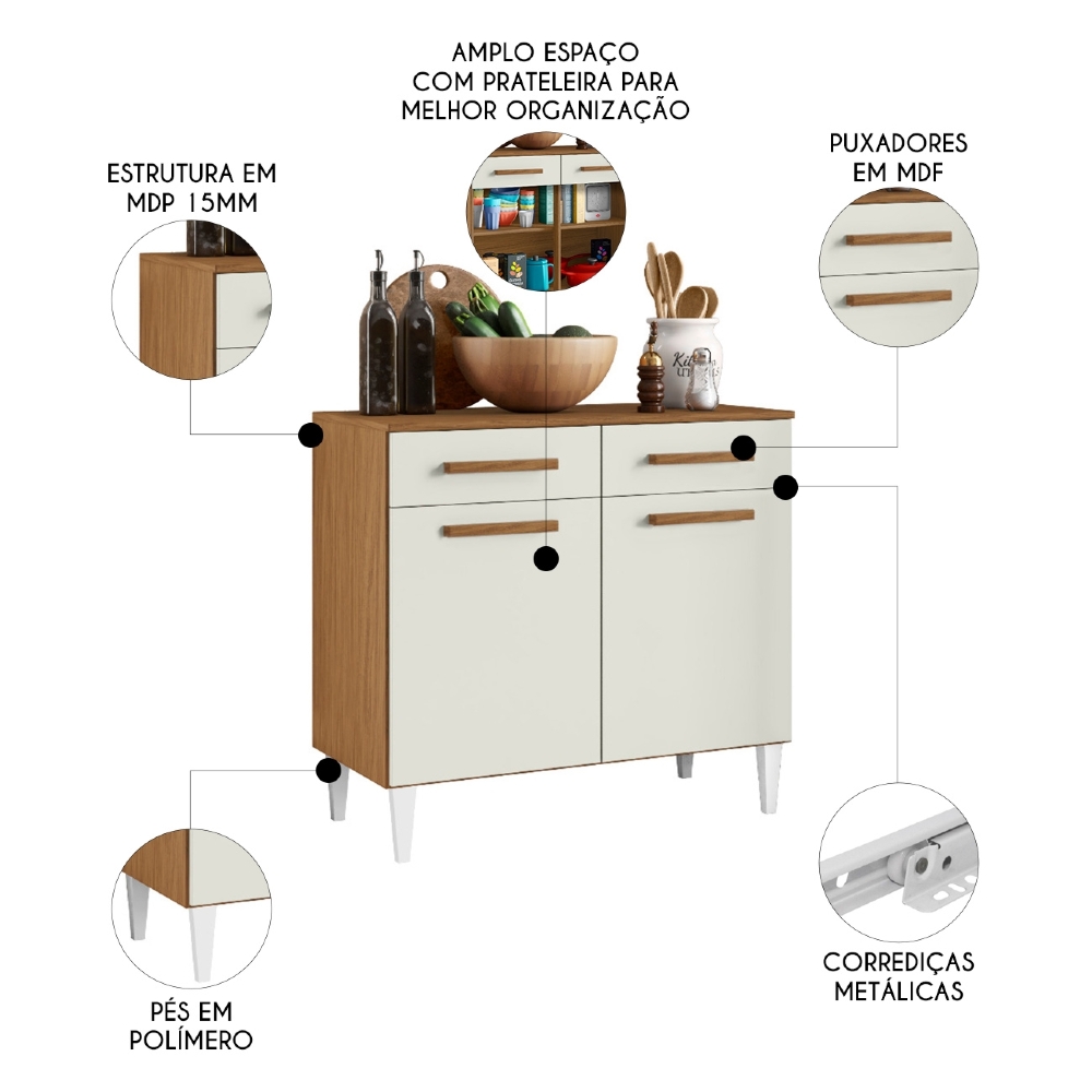 Balcão de Cozinha Com Tampo 91cm Hanna Atacama/Off White A15 - Mpozenato