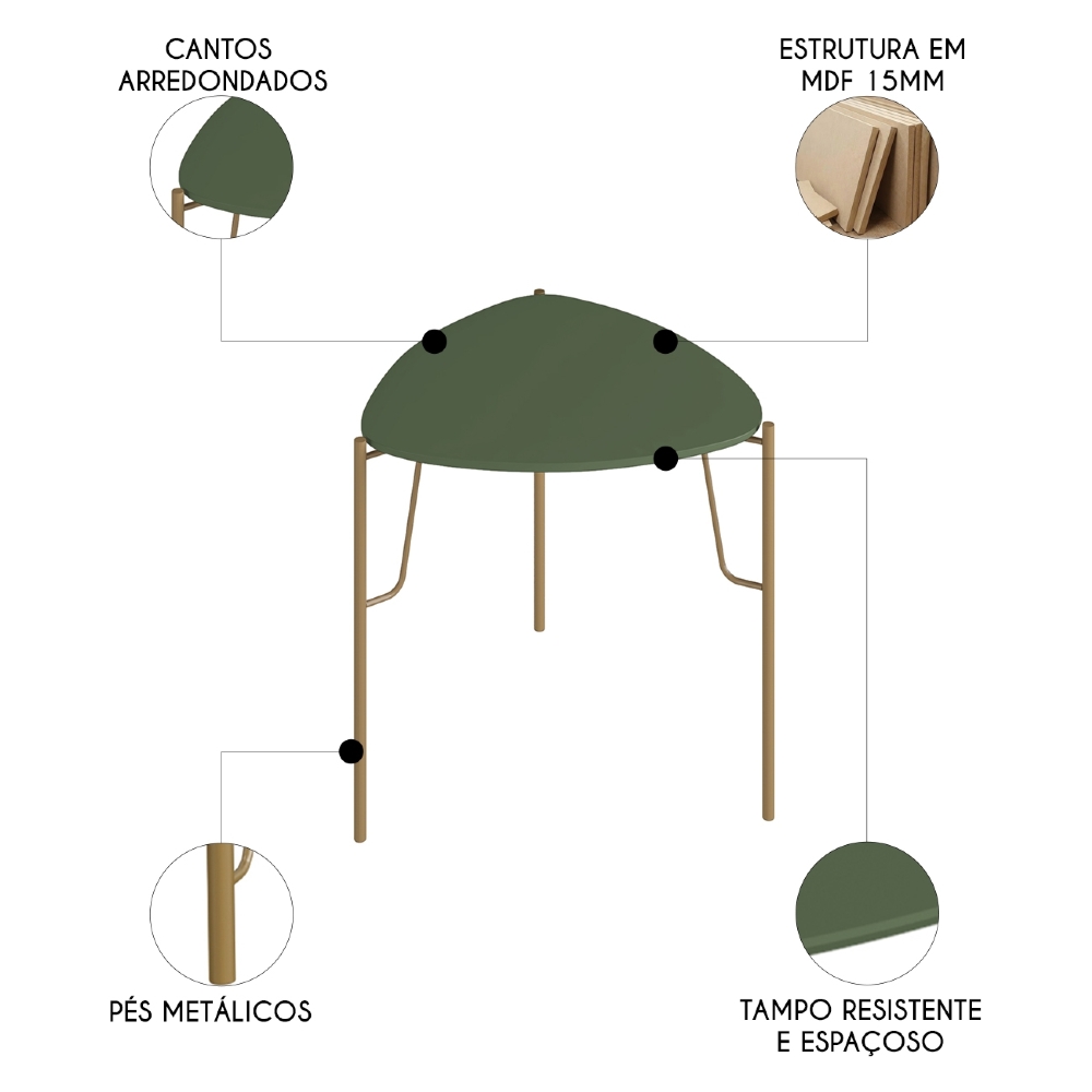 Mesa Lateral Para Sala Pés Metálicos Kit 2 Blen Musgo/Dourado I06 - Mpozenato